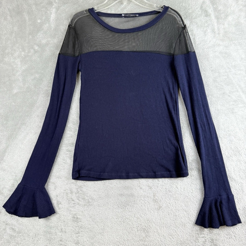 Zara Trafaluc Top Small Navy Blue Sheer Mesh Panel Ribbed‎ Knit Body Y2K Edgy